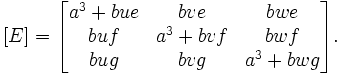 [E]=\begin{bmatrix} a^3 + bue& bve & bwe \\  buf& a^3 +bvf & bwf \\ bug & bvg & a^3 + bwg\end{bmatrix} . 