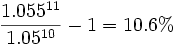 \frac{1.055^{11}}{1.05^{10}} - 1 = 10.6\%