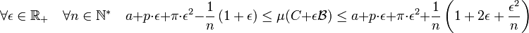 \forall \epsilon \in \mathbb R_+ \quad \forall n \in \mathbb N^* \quad a + p\cdot \epsilon + \pi \cdot \epsilon^2 -\frac 1n\left(1 + \epsilon\right) \le \mu (C + \epsilon\mathcal B) \le a + p\cdot \epsilon + \pi \cdot \epsilon^2 + \frac 1n\left(1 + 2\epsilon + \frac {\epsilon^2}n\right)