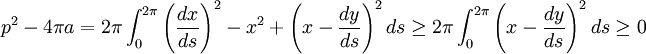 p^2-4\pi a =  2\pi \int_0^{2\pi} \left(\frac {dx}{ds}\right)^2 - x^2 + \left(x-\frac {dy}{ds}\right)^2 ds \ge 2\pi\int_0^{2\pi} \left(x-\frac {dy}{ds}\right)^2 ds\ge 0