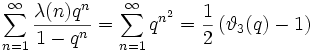 \sum_{n=1}^\infty \frac{\lambda(n)q^n}{1-q^n} = 
\sum_{n=1}^\infty q^{n^2} = 
\frac{1}{2}\left(\vartheta_3(q)-1\right)