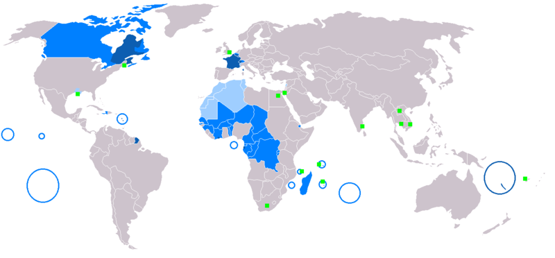 Le français dans le monde : bleu foncé : langue maternelle ; bleu : langue administrative ; bleu clair : langue de culture ; vert : minorités francophones