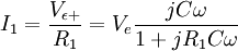 I_1=\frac{V_{\epsilon +}}{R_1}=V_e\frac{jC\omega}{1+jR_1C\omega}