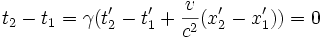t_2-t_1=\gamma(t'_2-t'_1+\frac{v}{c^2}(x'_2-x'_1))=0