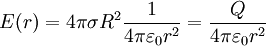 E(r) = 4\pi \sigma R^2\frac{1}{4\pi\varepsilon_0 r^2}=\frac{Q}{4\pi\varepsilon_0 r^2}