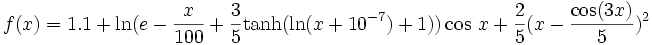 f(x)=1.1 + \ln(e-\frac{x}{100}+\frac{3}{5}\operatorname{tanh}(\ln(x+10^{-7})+1))\cos \,x + \frac{2}{5}(x-\frac{\cos(3x)}{5})^2 \,\!