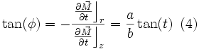 \tan(\phi) = -\frac{\left.\frac{\partial \vec M}{\partial t} \right\rfloor_r}{\left.\frac{\partial \vec M}{\partial t} \right\rfloor_z}
= \frac{a}{b}\tan(t)\ \left(4\right)