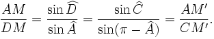 \frac{AM}{DM}=\frac{\sin\widehat D}{ \sin\widehat A}=\frac{\sin\widehat C}{\sin(\pi-\widehat A)}=\frac{AM'}{ CM'}.