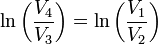 \ln\left(\frac{V_4}{V_3}\right) = \ln\left(\frac{V_1}{V_2}\right)