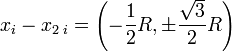 x_i - x_{2\;i} = \left(- \frac{1}{2} R, \pm \frac{\sqrt{3}}{2} R \right)