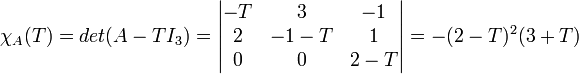 \chi_A(T)=det(A-TI_3)= \begin{vmatrix} -T & 3 & -1 \\ 2 & -1-T & 1 \\ 0 & 0 & 2-T \end{vmatrix}= -(2-T)^2 (3+T)