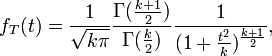 f_T(t)=\frac{1}{\sqrt{k\pi}}\frac{\Gamma(\frac{k+1}{2})}{\Gamma(\frac{k}{2})}\frac{1}{(1+\frac{t^2}{k})^{\frac{k+1}{2}}},