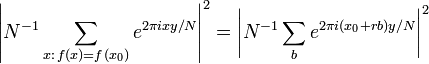 \left| N^{-1} \sum_{x:\, f(x)=f(x_0)} e^{2\pi i x y/N} \right|^2
= \left| N^{-1} \sum_{b} e^{2\pi i (x_0 + r b) y/N} \right|^2
