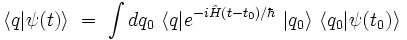  \langle q | \psi(t) \rangle \ = \ \int dq_0 \ \langle q |e^{-i\hat{H} (t-t_0) /\hbar} \  | q_0 \rangle \ \langle q_0 | \psi(t_0) \rangle