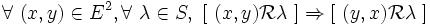  \forall\ ( x , y ) \in E^2 , \forall\ \lambda \in S ,\ [ \ ( x , y ) \mathcal R \lambda \ ] \Rightarrow [ \ ( y , x ) \mathcal R \lambda \ ] \,