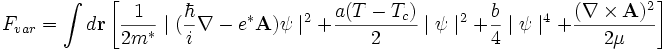  F_{var}=\int d{\mathbf{r}} \left[\frac{1}{2m^*} \mid (\frac \hbar i \nabla - e^* \mathbf{A}) \psi\mid^2 +\frac{a(T-T_c)}{2} \mid \psi \mid^2 +\frac b 4 \mid \psi\mid^4 +\frac{(\nabla \times\mathbf{A})^2} {2\mu} \right] 