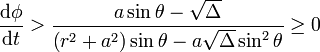 \frac{\mathrm{d}\phi}{\mathrm{d}t}>\frac{a\sin\theta-\sqrt{\Delta}}{\left(r^{2}+a^{2}\right)\sin\theta-a\sqrt{\Delta}\sin^{2}\theta}\geq0