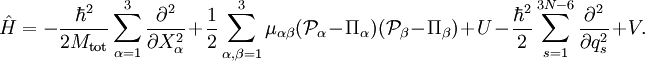  
\hat{H} =
-\frac{\hbar^2}{2M_\mathrm{tot}} \sum_{\alpha=1}^3 \frac{\partial^2}{\partial X_\alpha^2}
+\frac{1}{2} \sum_{\alpha,\beta=1}^3 \mu_{\alpha\beta} (\mathcal{P}_\alpha - \Pi_\alpha)(\mathcal{P}_\beta - \Pi_\beta) +U  -\frac{\hbar^2}{2} \sum_{s=1}^{3N-6} \frac{\partial^2}{\partial q_s^2} + V .
