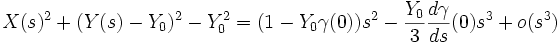X(s)^2+(Y(s) -Y_0)^2-Y_0^2=(1-Y_0 \gamma(0)) s^2 - \frac{Y_0}{3}\frac{d\gamma}{ds}(0) s^3+o(s^3)