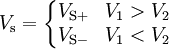  V_\mathrm{s} = \left\{\begin{matrix} V_\mathrm{S+} & V_1 > V_2 \\ V_\mathrm{S-} & V_1 < V_2 \end{matrix}\right. 