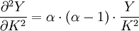 \frac{\partial^2 Y}{\partial K^2} = \alpha \cdot (\alpha-1) \cdot \frac{Y}{K^2}\,