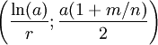 \left(\frac{\ln(a)}{r};\frac{a(1+m/n)}{2}\right)