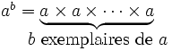 
  \begin{matrix}
   a^b=\underbrace{a_{}\times a\times\dots\times a}\\
   \qquad\ b\mbox{ exemplaires de }a
  \end{matrix}
 