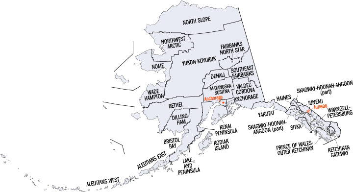 Carte des boroughs et des census areas de l'Alaska