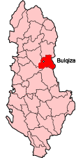 Localisation du district de Bulqizë (en rouge) à l'intérieur de l'Albanie