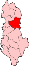 Localisation du comté de  Dibër (en rouge) à l'intérieur de l'Albanie