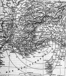 Carte des courbes d'intensités décroissantes réalisée par Camille Flammarion (Extrait du bulletin Astronomie)