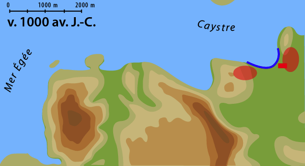Ensablement de l'embouchure du Caystre et déplacement progressif du port d'Éphèse depuis l'Antiquité jusqu'à l'époque ottomane. En bleu les ports (y compris ceux qui ne sont plus en activité), en rouge et gris l'espace urbanisé (zones) et l'enceinte (trait) occupés ou abandonnés respectivement.