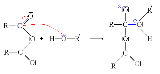 1ère étape de l'estérification d'un anhydride d'acide : addition nucléophile de l'alcool sur l'anhydride