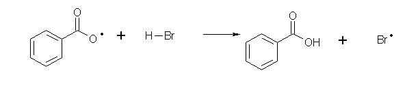 Réaction entre le radical benzoate et l'acide bromhydrique, formant l'acide benzoïque et un radical brome