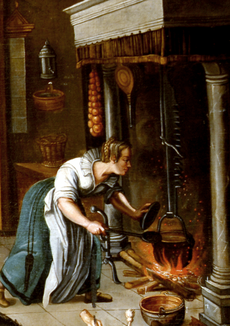 Une servante penchée vers le feu d'une cheminée soulève de la main gauche le couvercle de la marmite suspendue à la crémaillère pour y vérifier l'état de la cuisson avec la grande cuiller en bois qu'elle tient de la main droite.