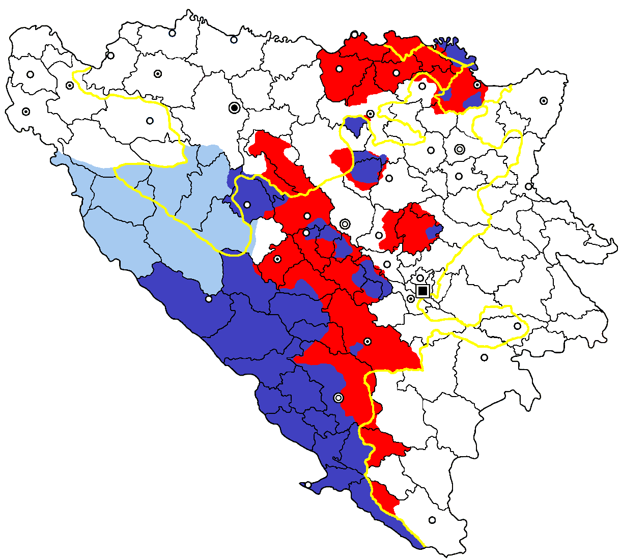 Carte des territoires contrôlés et revendiqués, contrôlés et non revendiqués et non contrôlés mais revendiqués par la république d'Herceg-Bosna avant les accords de Dayton.