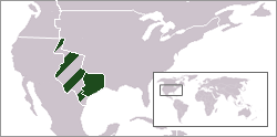 Carte de l'Amérique du Nord indiquant en vert la localisation de la République du Texas. Le territoire hachuré correspond à une région contestée entre le Texas et le Mexique