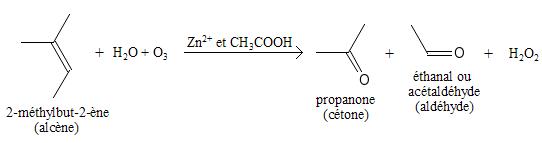 Équation bilan de l'ozonolyse d'un alcène, le 2-méthylbut-2-ène