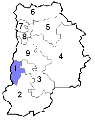 Carte de la Seine-et-Marne montrant la première circonscription depuis le redécoupage de 1988, allant de Savigny au nord jusqu'au Gâtinais au sud