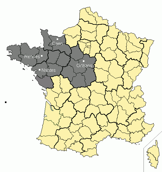 Carte de la compétence territoriale de la cour administrative d'appel de Nantes