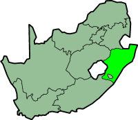 Localisation de la province de KwaZulu-Natal (en vert clair) à l'intérieur de l'Afrique du Sud
