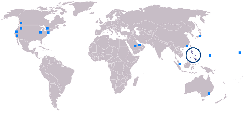 Les lieux en bleu sont les pays ou le tagalog est parlé.