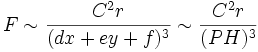 F \sim \frac{C^2 r}{(dx+ey+f)^3} \sim \frac{C^2 r}{(PH)^3}