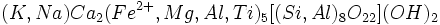 (K,Na)Ca_2(Fe^{2+},Mg,Al,Ti)_5[(Si,Al)_8O_{22}](OH)_2\,