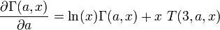 \frac{\partial \Gamma (a,x) }{\partial a} = \ln (x) \Gamma (a,x) + x ~T(3,a,x) 