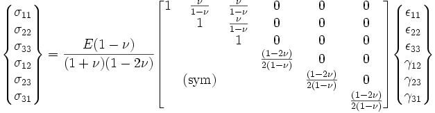 \begin{Bmatrix}\sigma_{11} \\ \sigma_{22} \\ \sigma_{33}
 \\ \sigma_{12} \\ \sigma_{23} \\ \sigma_{31}\end{Bmatrix} = {{E(1-\nu)} \over {(1+\nu)(1-2\nu)}} \begin{bmatrix}1 & {\nu \over {1-\nu}} & {\nu \over {1-\nu}} & 0 & 0 & 0 \\ & 1 & {\nu \over {1-\nu}} & 0 & 0 & 0 \\ & & 1 & 0 & 0 & 0 \\ & & & {(1-2\nu) \over {2(1-\nu)}} & 0 & 0 \\ & \mbox{(sym)} & & & {(1-2\nu) \over {2(1-\nu)}} & 0 \\ & & & & & {(1-2\nu) \over {2(1-\nu)}}\end{bmatrix} \begin{Bmatrix}\epsilon_{11} \\ \epsilon_{22} \\ \epsilon_{33} \\ \gamma_{12} \\ \gamma_{23} \\ \gamma_{31}\end{Bmatrix}\,