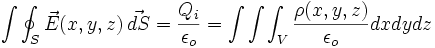  \int\oint_{S} \vec E(x,y,z)\, \vec {d S}= \frac{Q_i}{\epsilon_o}=\int\int\int_{V} \frac{\rho (x,y,z)}{\epsilon_o} dxdydz 