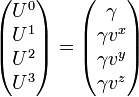 
\begin{pmatrix}
U^0 \\ U^1 \\ U^2 \\ U^3 
\end{pmatrix} = 
\begin{pmatrix}
\gamma \\ \gamma v^x \\ \gamma v^y \\ \gamma v^z 
\end{pmatrix}
