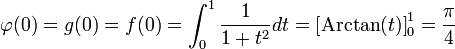 \varphi (0)=g(0)=f(0)=\int_{0}^{1}{\frac{1}{1+t^2}dt}=\left[\mathrm{Arctan}(t)\right ]_{0}^{1}=\frac{\pi}{4}
