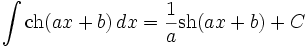 \int \operatorname{ch}(ax+b)\,dx=\frac{1}{a} \operatorname{sh}(ax+b)+C